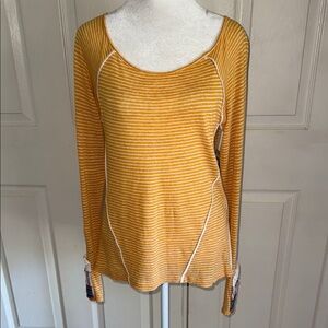 Sundance Goldenrod Striped With Mixed Fabric Detail Long Sleeve Linen Tee